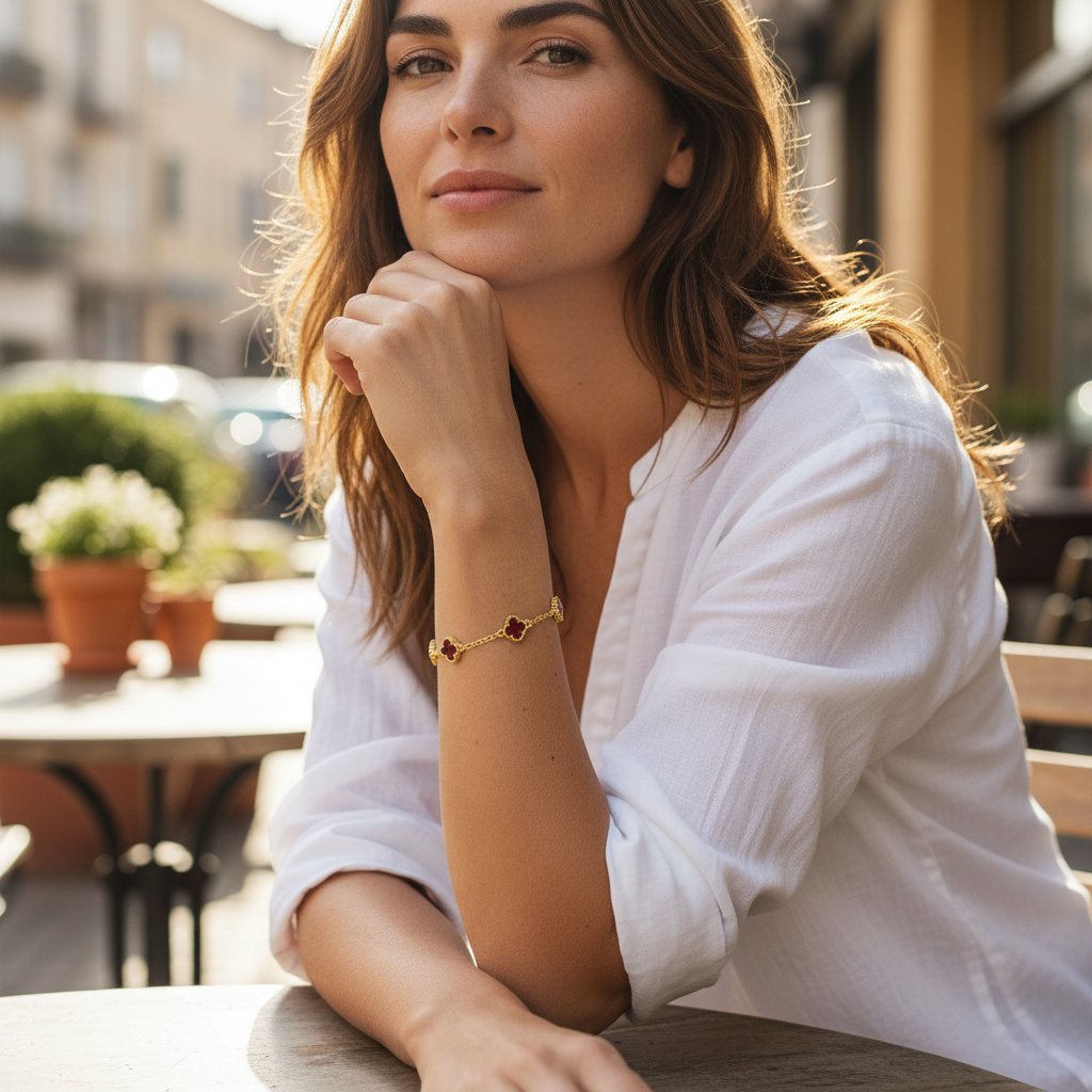 Akik Taşlı Yonca Model Altın Kaplamalı Gümüş Bileklik