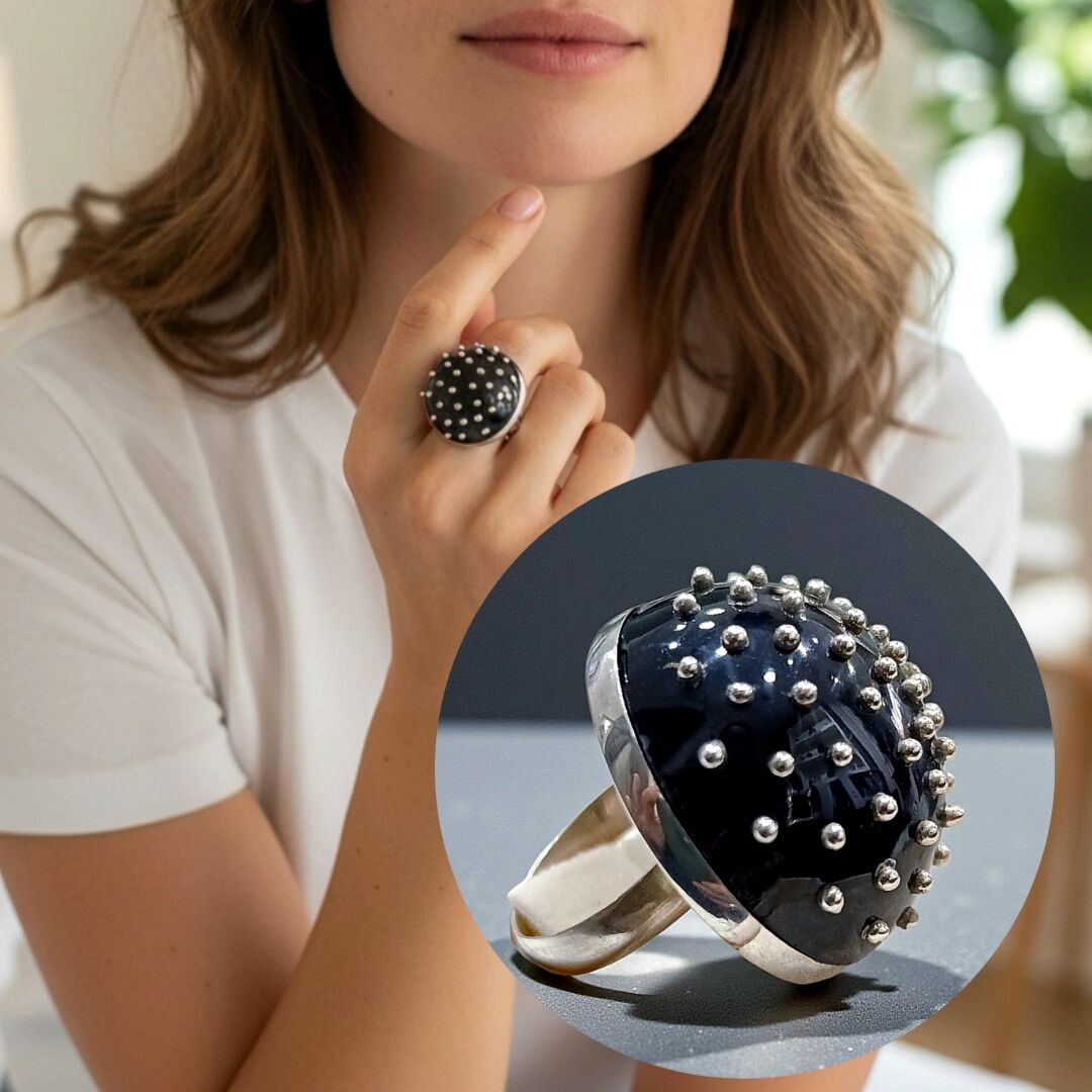 Oltu Taşlı Göverseli Yuvarlak Bombeli Gümüş Yüzük