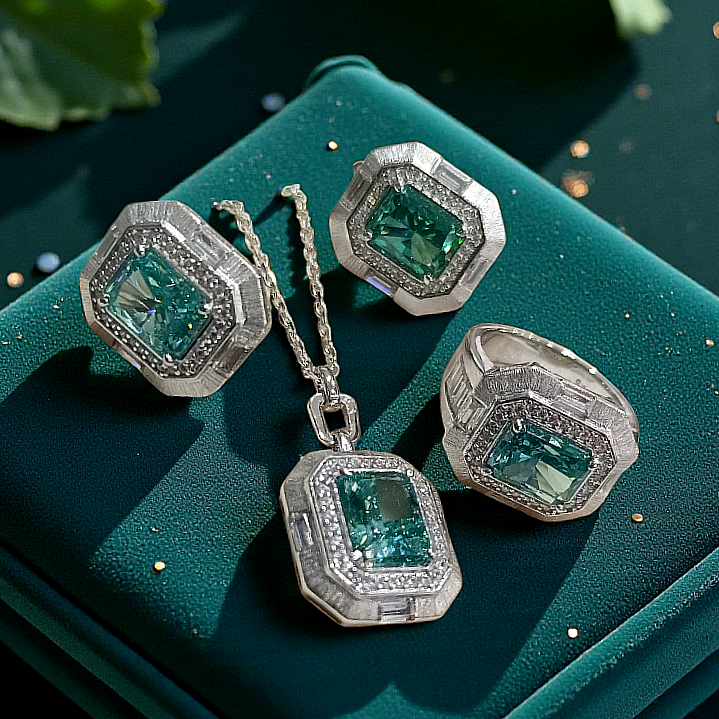 Mozanit ve Rainbow Taşlı Altın Rodajlı İthal Gümüş Set