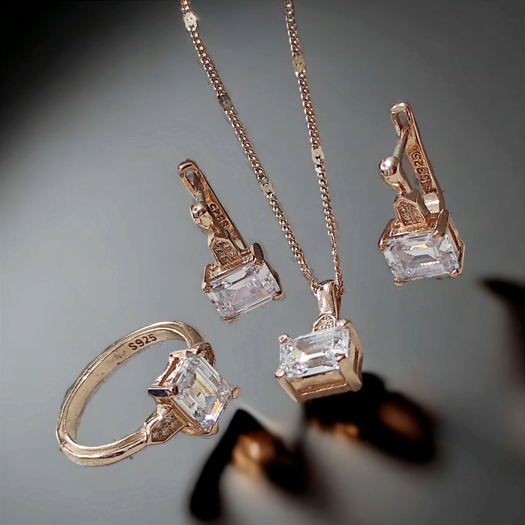 Swarovski Bagety Taşlı Rose Gümüş Set