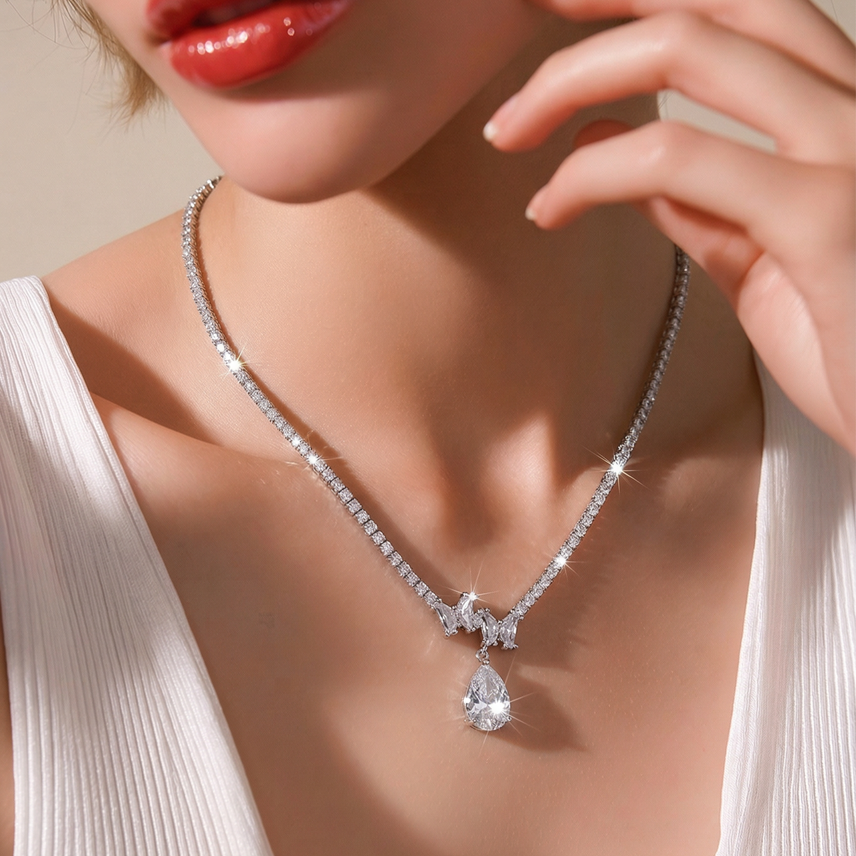 Mozanit Taşlı Damla Altın Rodajlı Gümüş Suyolu kolye