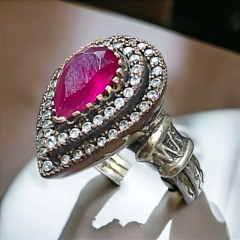 Yakut Taşlı Otantik Damla Gümüş Yüzük