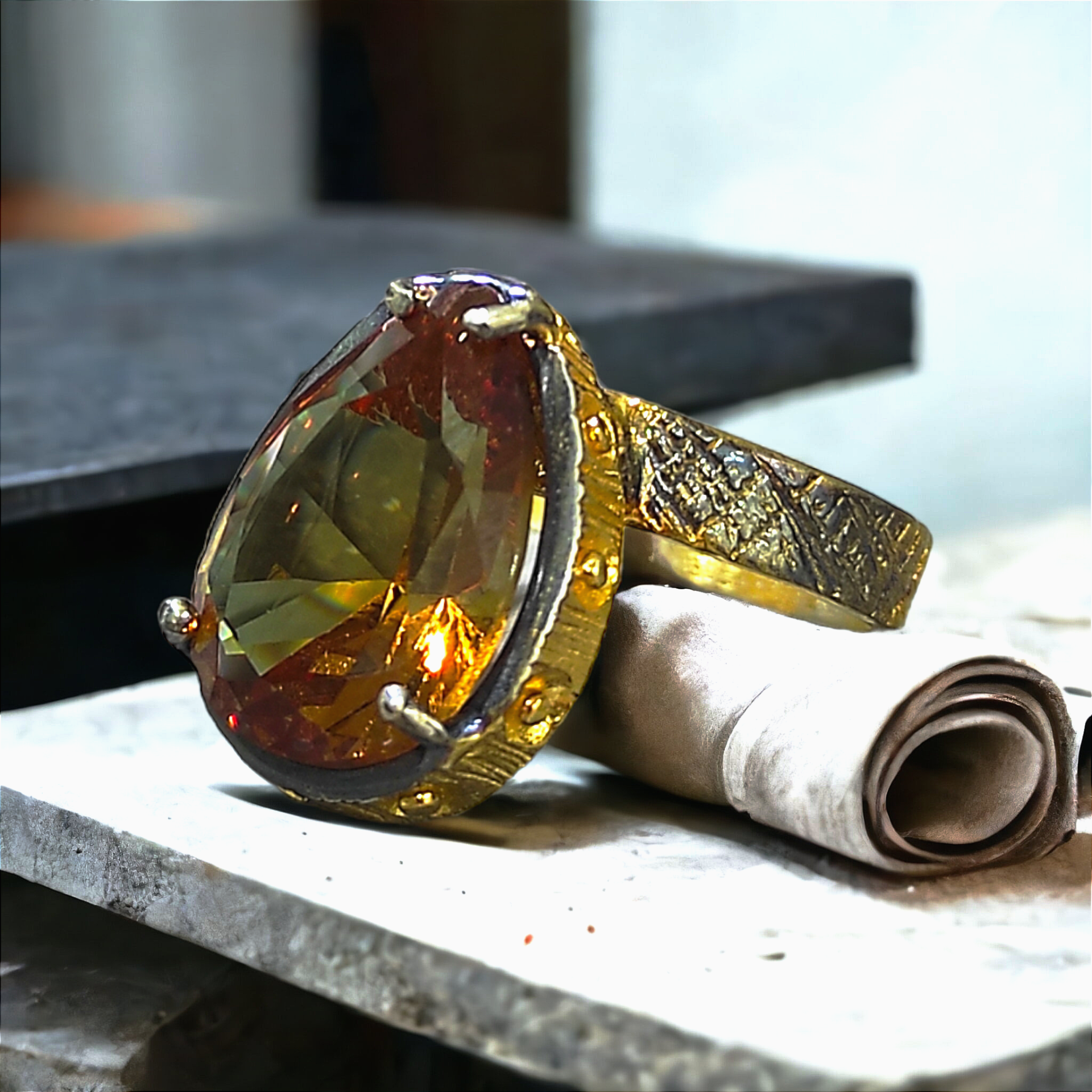 Topaz Taşlı  Altın kaplamalı Gümüş Yüzük