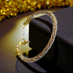 İtalyan 3 Renkli Hasır Altın Kaplamalı Gümüş Bilezik