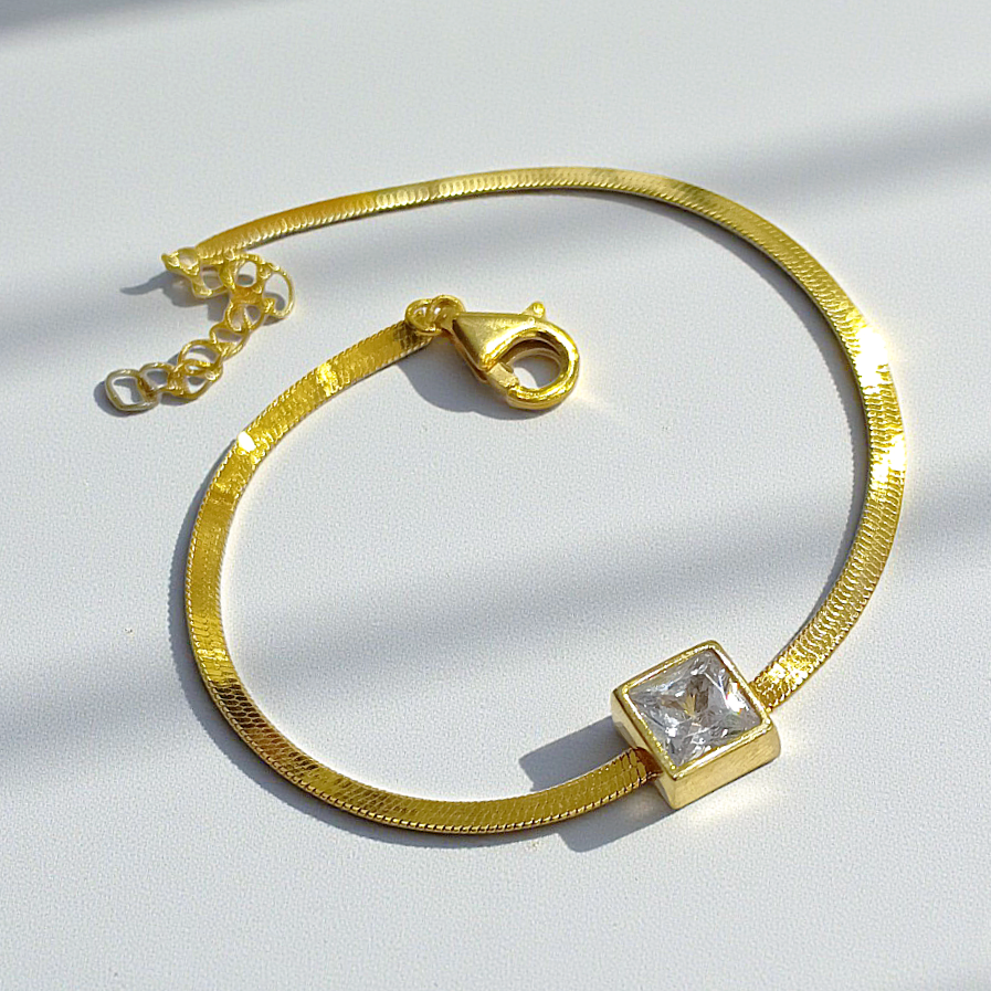 İtalyan Zincir Bagety Taşlı Altın Kaplamalı Gümüş Bileklik