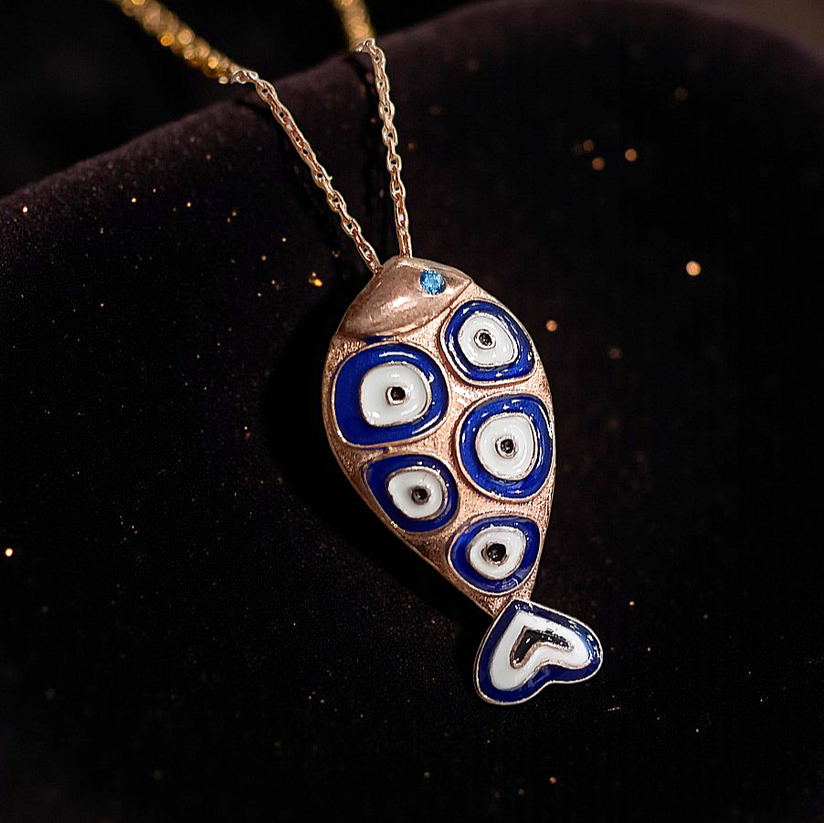 Mineli Nazar boncuklu Rose Gümüş Balık Kolye