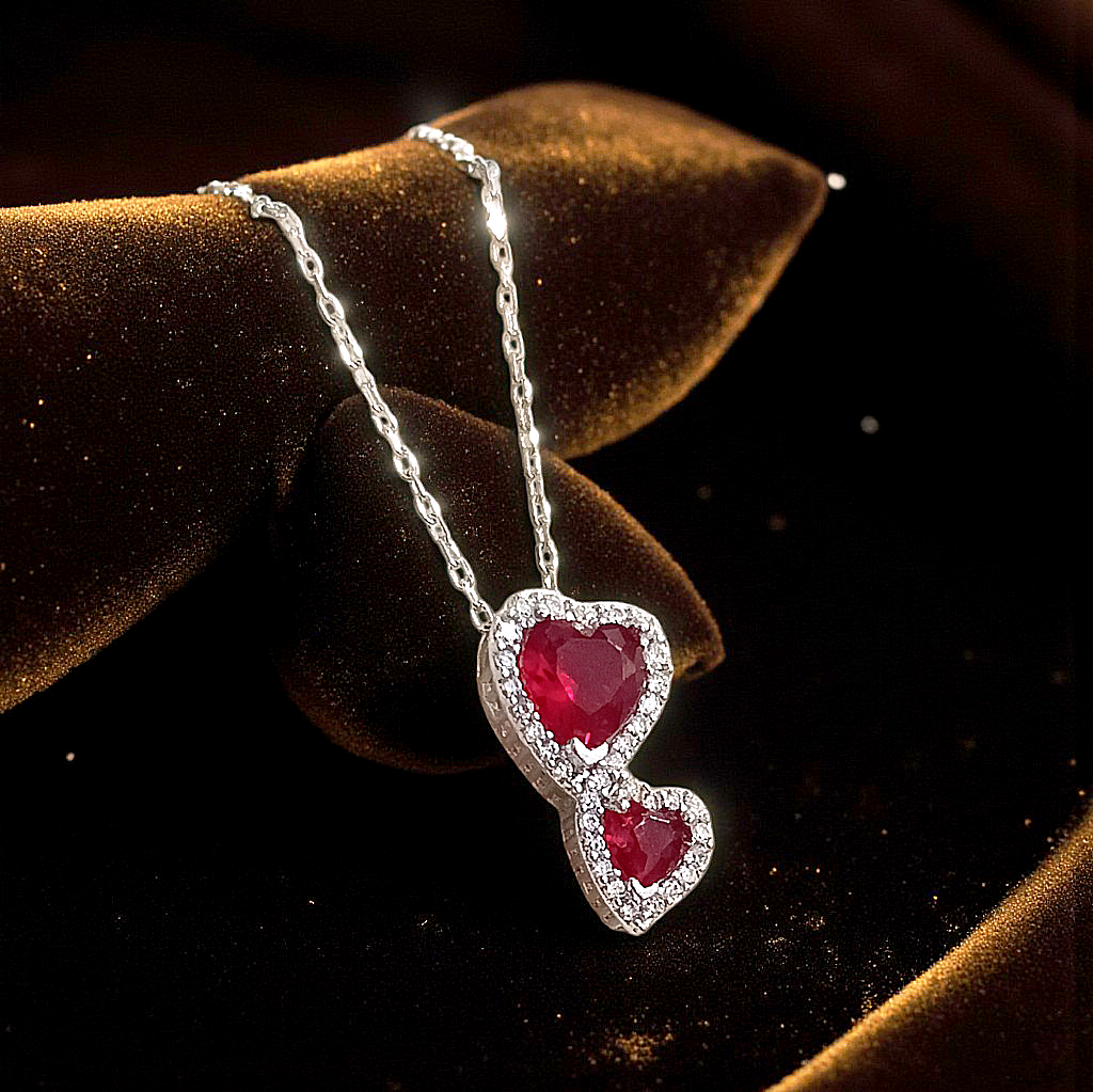 Granat ve Swarovski Taşlı Kalpli Gümüş Kolye