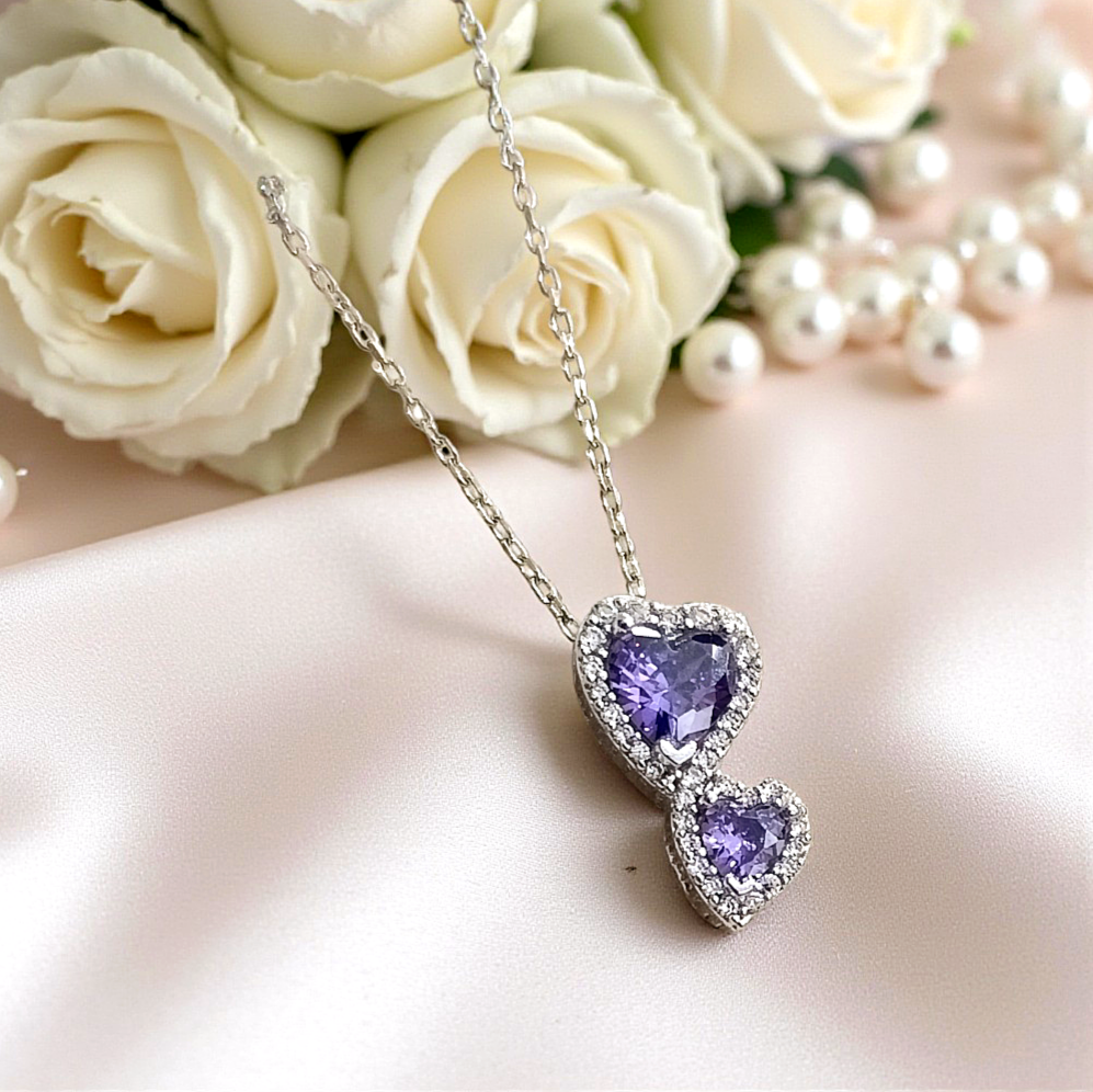 Ametist ve Swarovski Taşlı Kalpli Gümüş Kolye