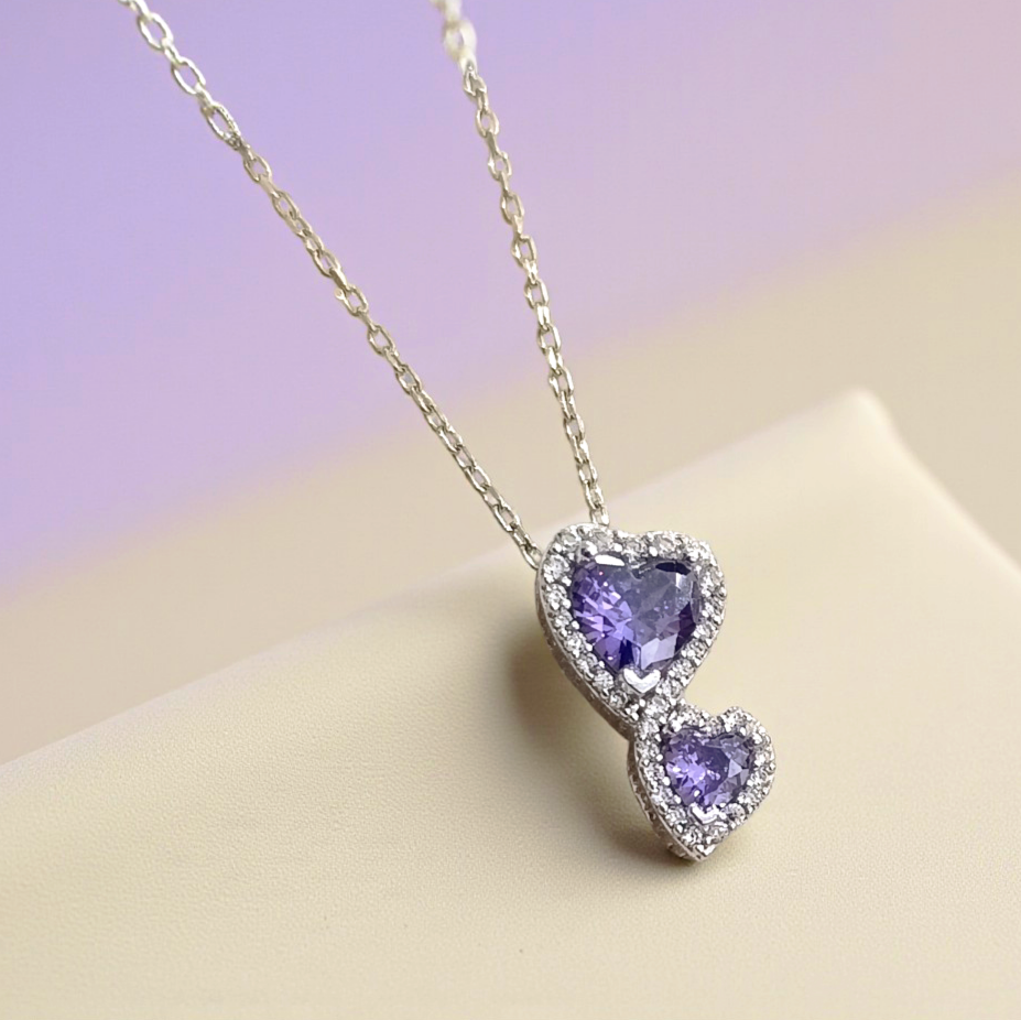 Ametist ve Swarovski Taşlı Kalpli Gümüş Kolye