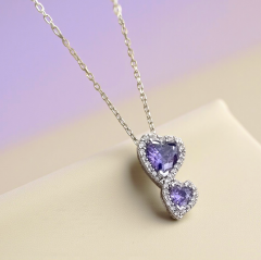 Ametist ve Swarovski Taşlı Kalpli Gümüş Kolye