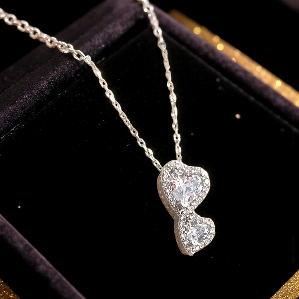 Swarovski Taşlı Çift kalpli Gümüş Kolye