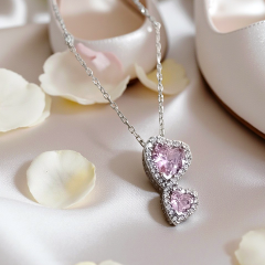 Pembe Kuars Taşlı Kalpli Gümüş Kolye