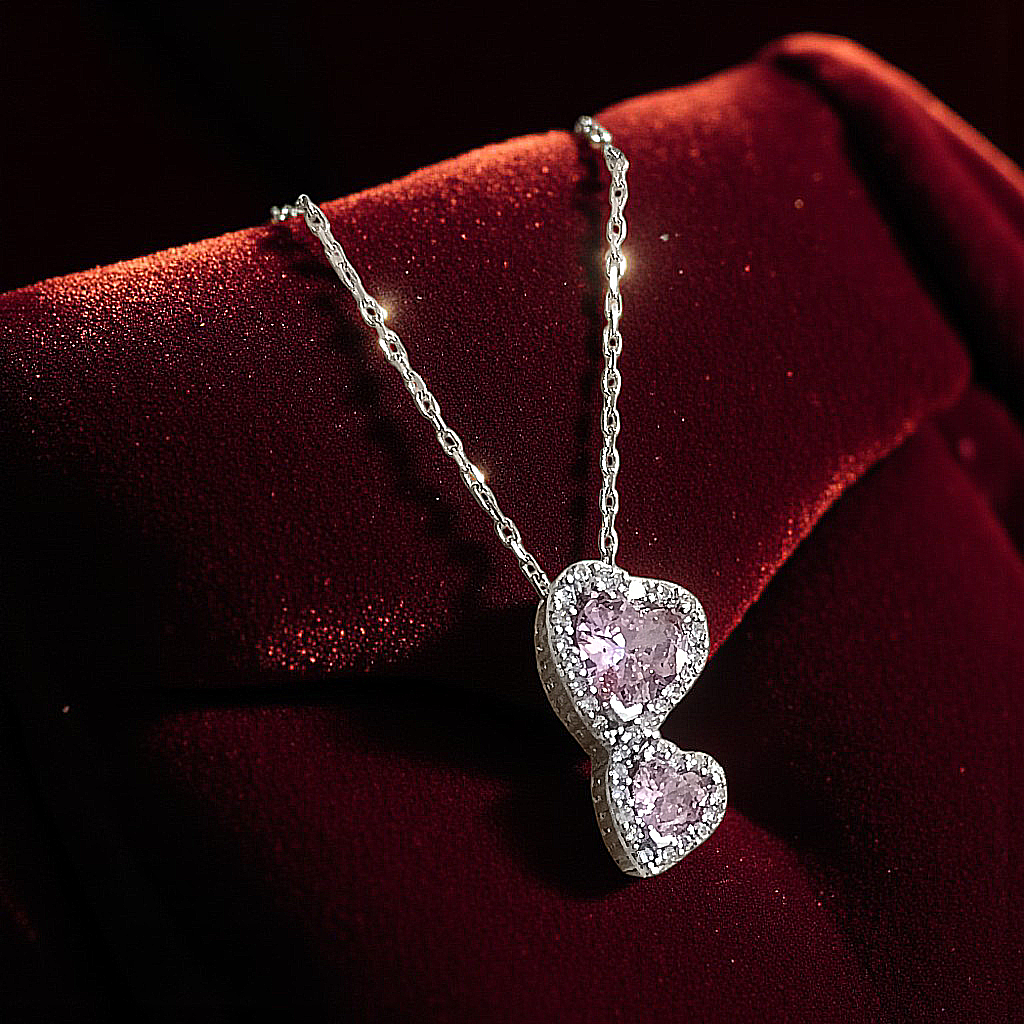 Pembe Kuars Taşlı Kalpli Gümüş Kolye