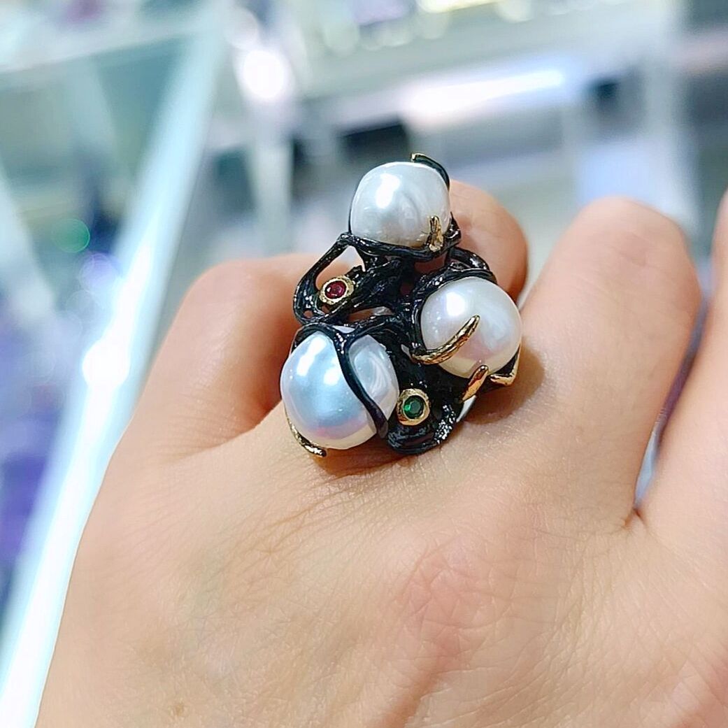 Barok İnci,Yakut, Zümrüt Taşlı Tek Tasarım İthal Gümüş Yüzük