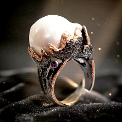 Barok İnci Safir ve Yakut Taşlı Tek Tasarım Gümüş Yüzük