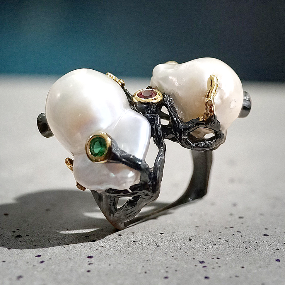 Barok İnci,Yakut Ve Zümrüt Taşlı Tek Tasarım Gümüş Yüzük