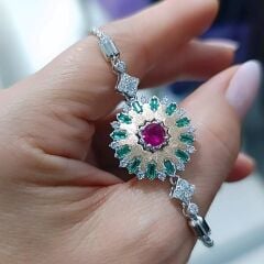 Yakut ve Zümrüt Taşlı Altın Kaplamalı Gümüş Bileklik