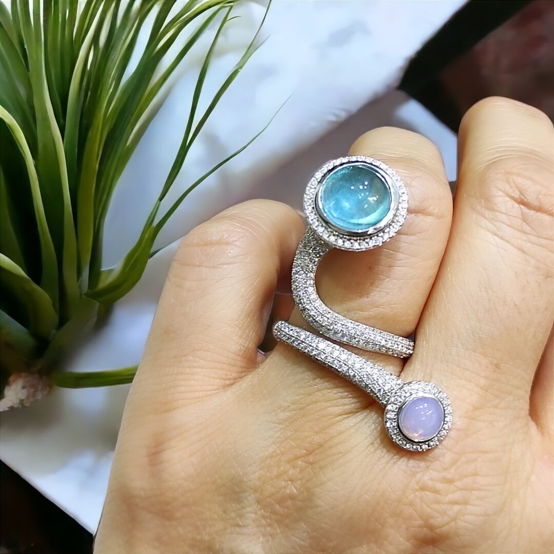 Akuamarin ve Aytaşı İthal Ayarlanabilir Gümüş Yüzük