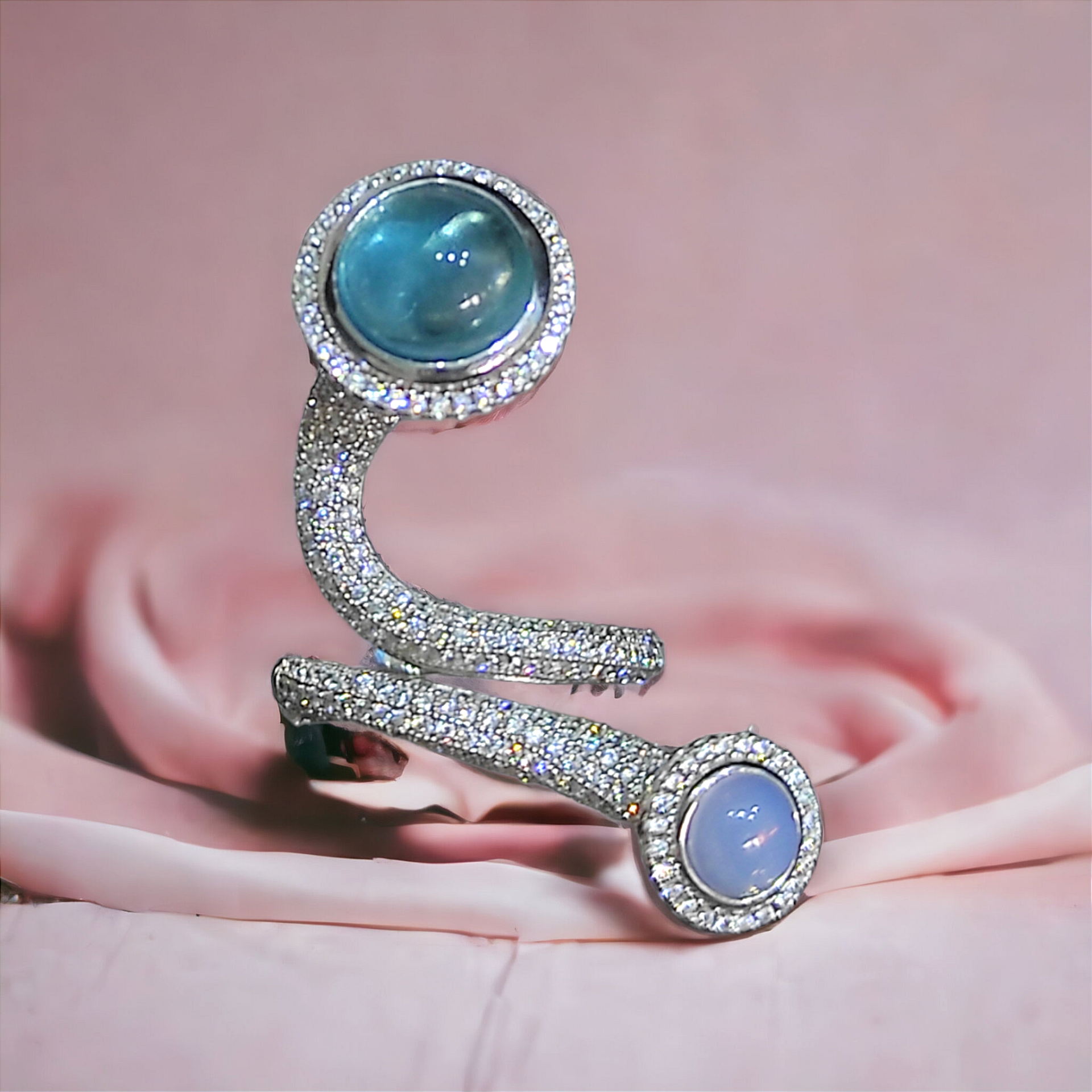 Akuamarin ve Aytaşı İthal Ayarlanabilir Gümüş Yüzük