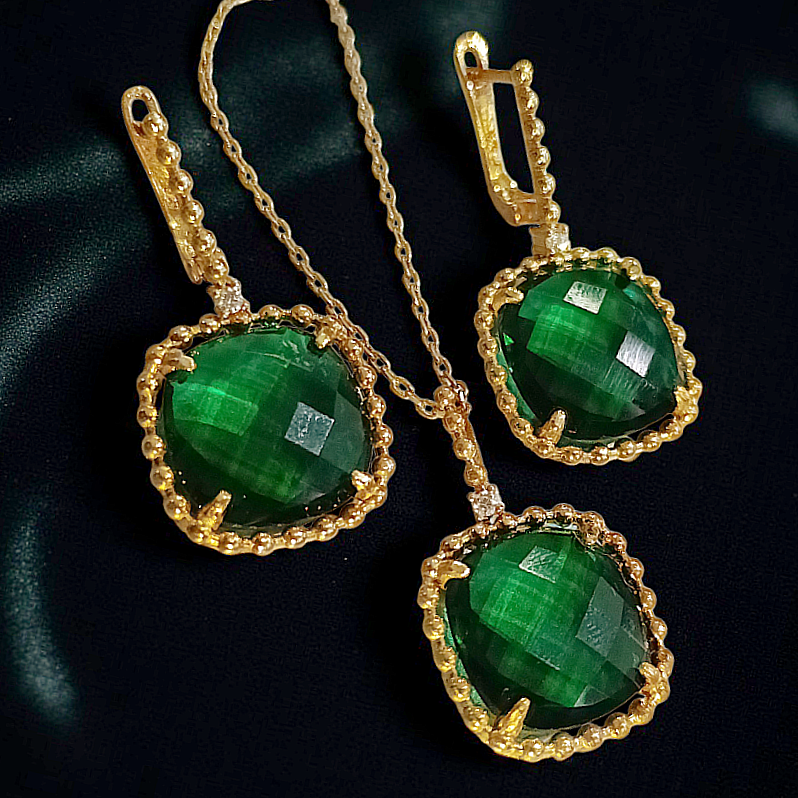Swarovski Yeşil Taşlı Altın Kaplamalı Gümüş Kolye ve Küpe Set