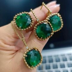 Swarovski Yeşil Taşlı Altın Kaplamalı Gümüş Kolye ve Küpe Set
