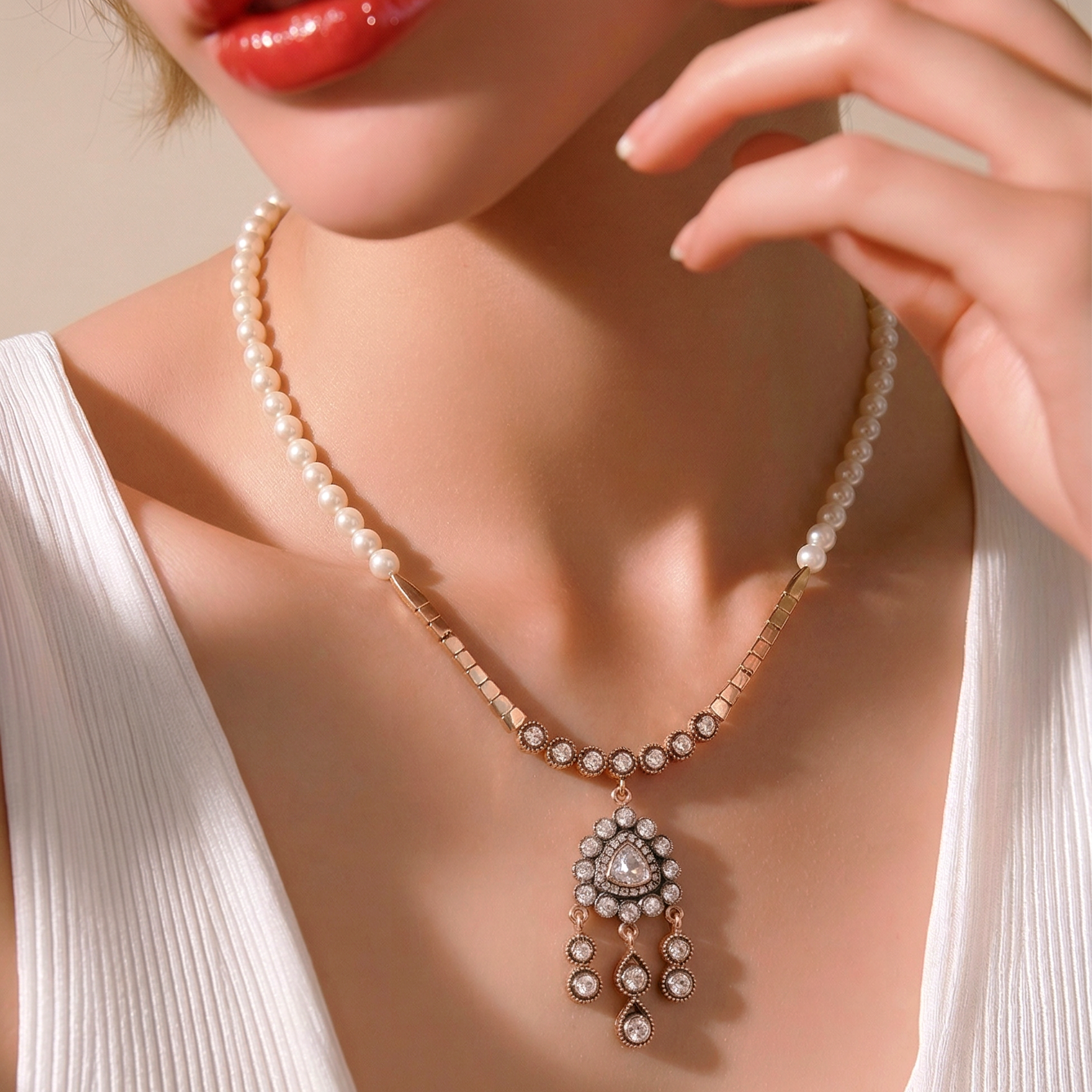 Elmas işçiliği Hakiki İnci Tek Tasarım Gümüş Kolye