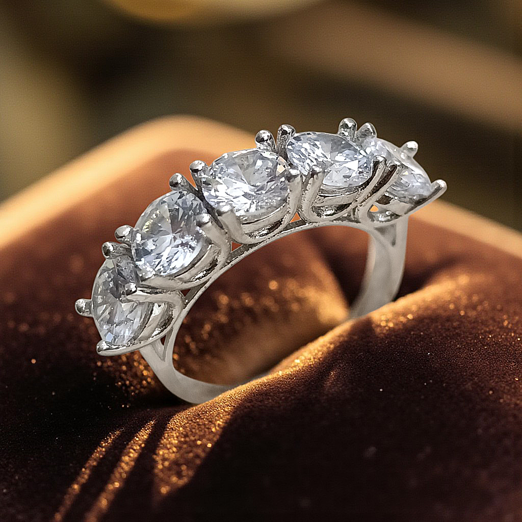 Swarovski Taşlı Altın Rodajlı İthal Gümüş 5 Taş Yüzük