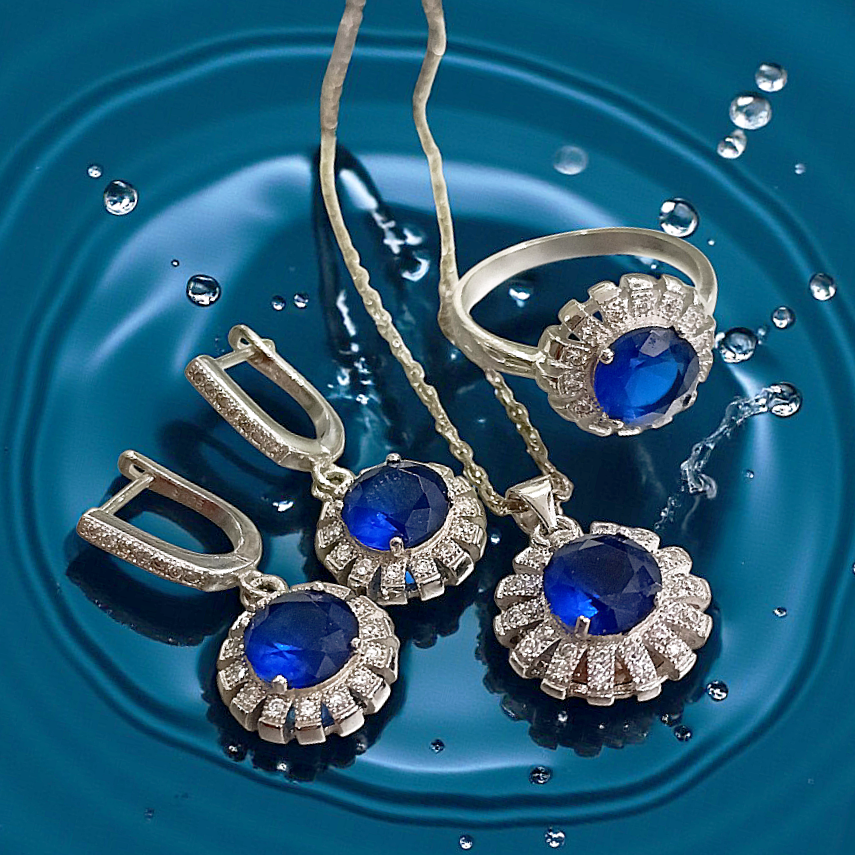 Safir ve zirkon Taşlı Altın Rodajlı Gümüş Set