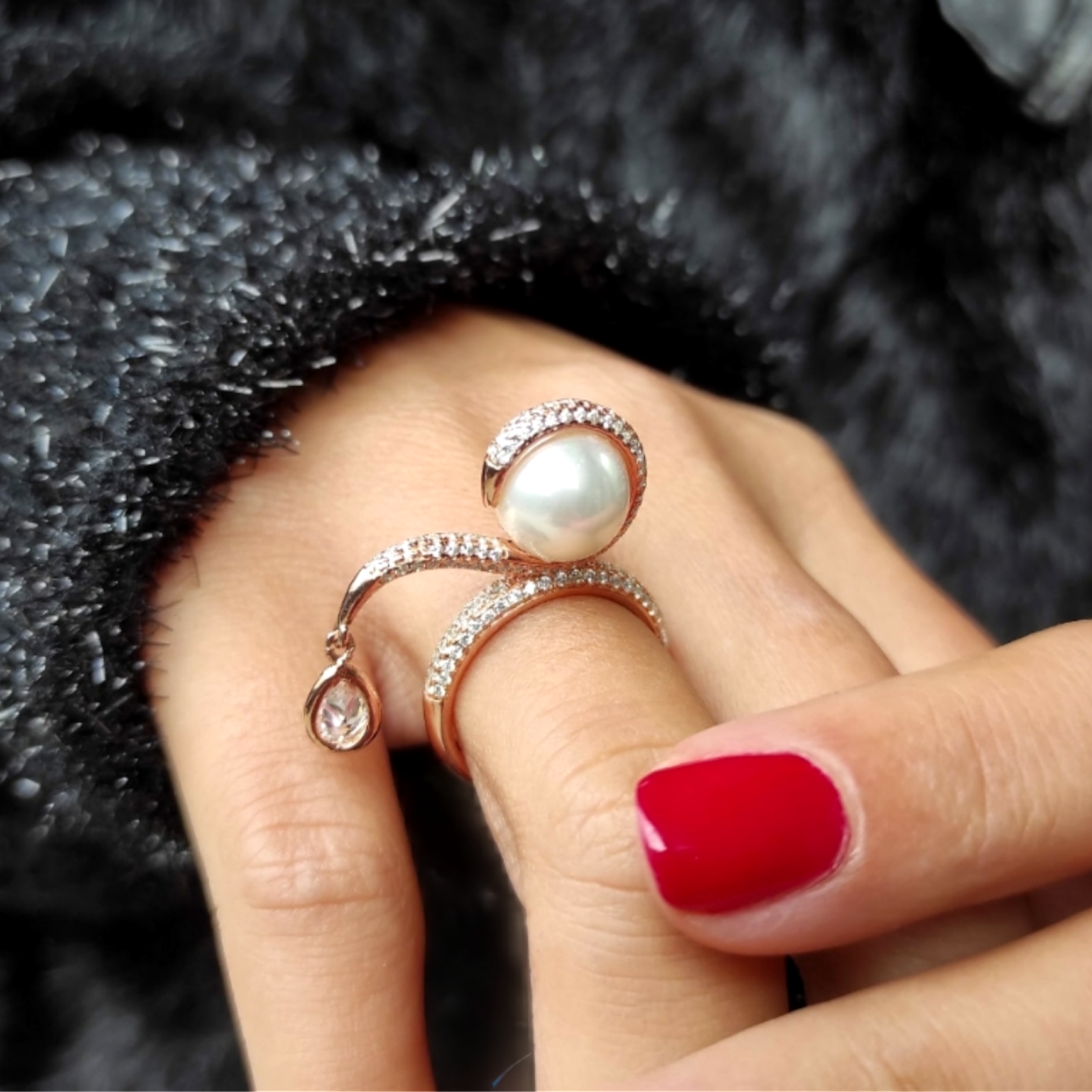 İnci Taşlı Altın kaplamalı Rose İthal Gümüş Yüzük