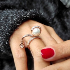 İnci Taşlı Altın kaplamalı Rose İthal Gümüş Yüzük