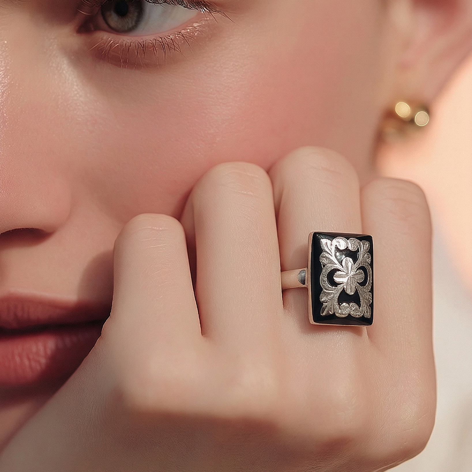 Oltu Taşlı Tasarım Elişi Gümüş Yüzük