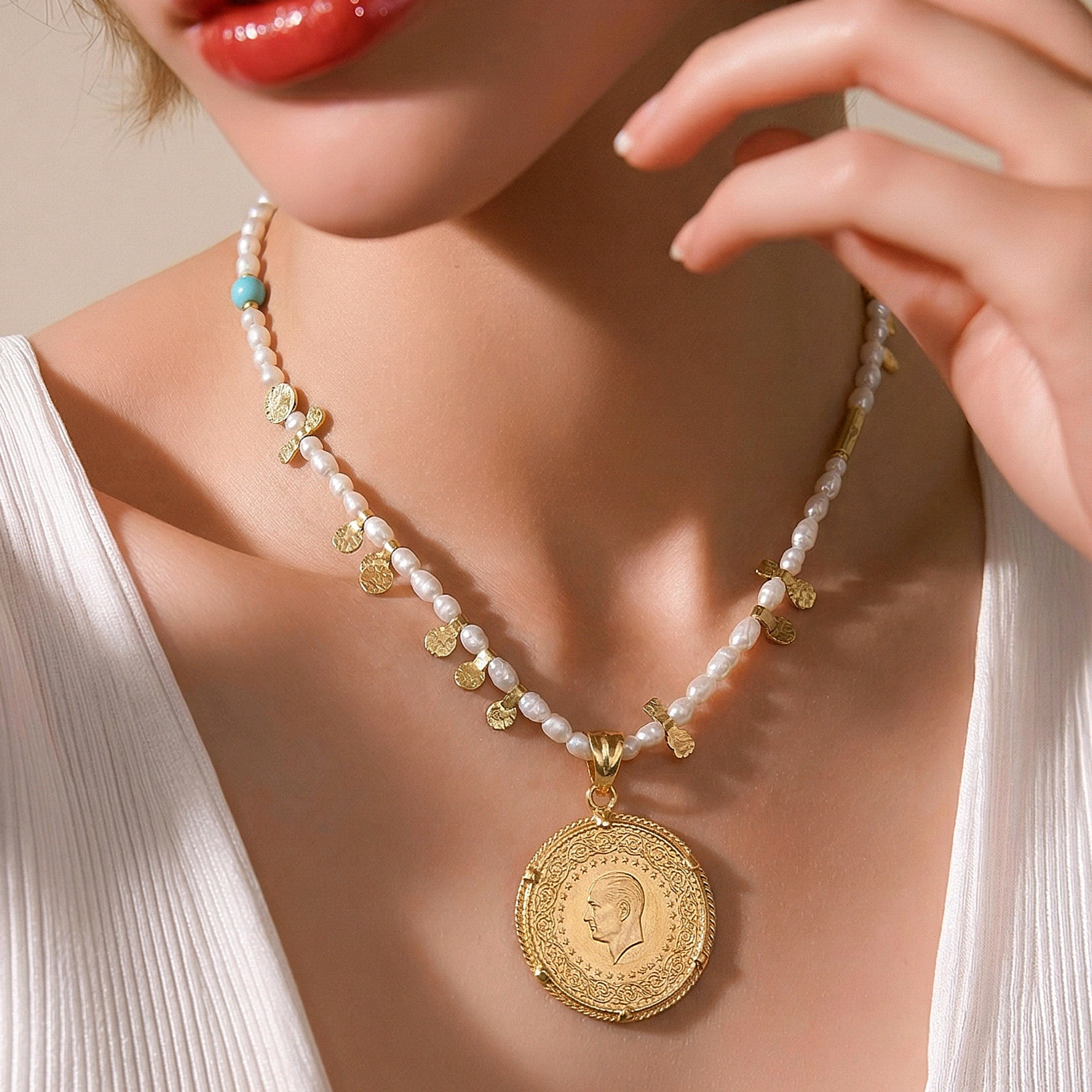 Hakiki inci , Çeyrek model Altın Kaplamalı Tek Tasarım Gümüş Kolye