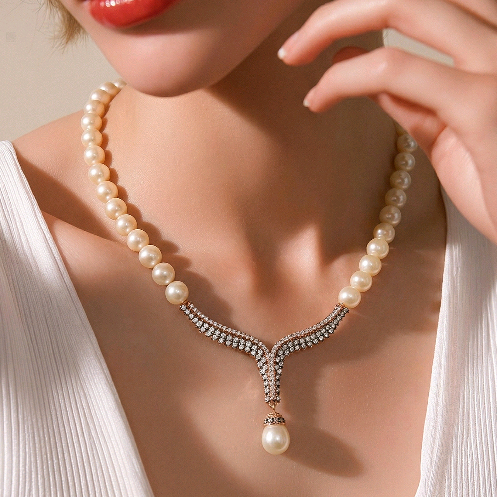 Elmas işçiliği Altın kaplamalı Rose İnci Gümüş Kolye