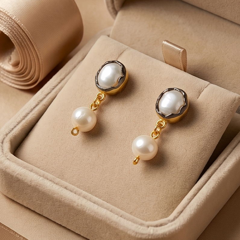 Hakiki İnci Tasarım Altın Kaplamalı Gümüş Küpe