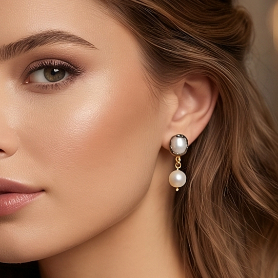 Hakiki İnci Tasarım Altın Kaplamalı Gümüş Küpe