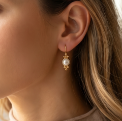 Haki inci Tasarım Altın Rodajlı Gümüş Küpe