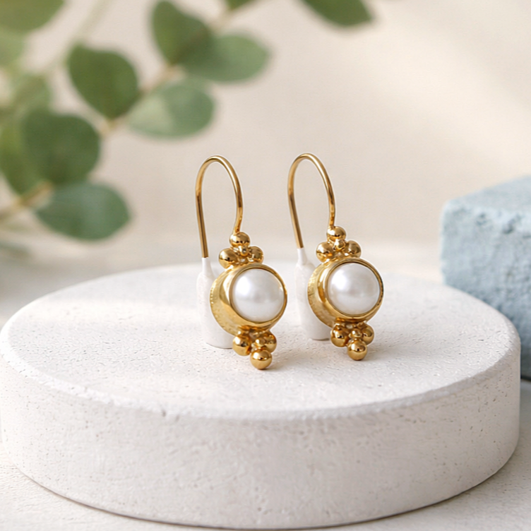 Haki inci Tasarım Altın Rodajlı Gümüş Küpe