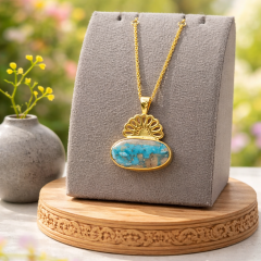 Fruze Taşlı Altın Kaplamalı Gümüş Halef Kolye