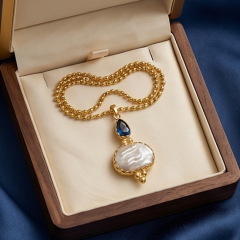 Safir ve Barok İncili Elişi Altın Kaplamalı Tasarım Gümüş Kolye