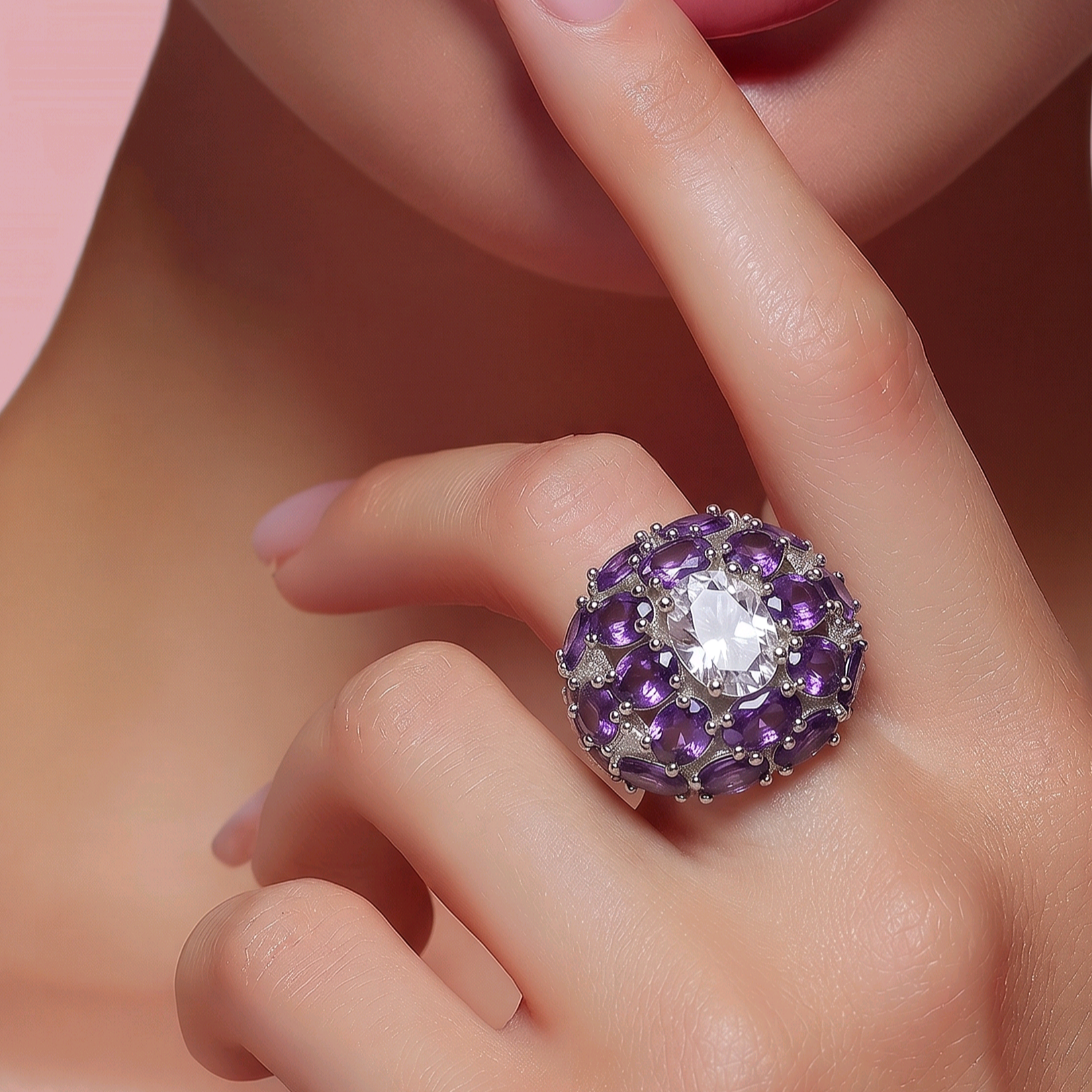 Ametist Taşlı İthal Altın Rodajlı Gümüş Yüzük