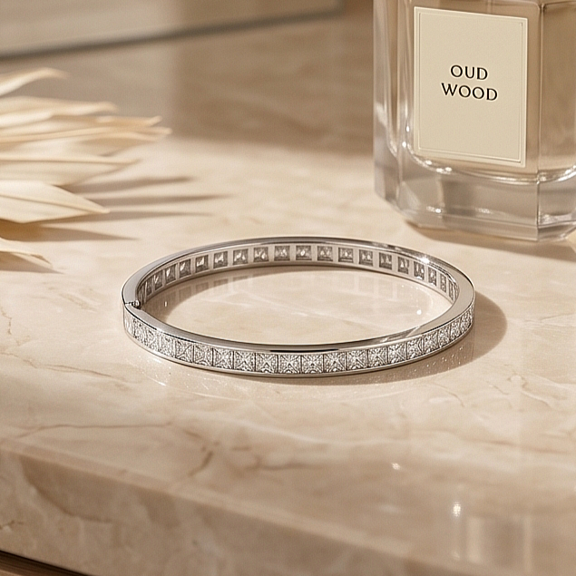 Mozanit Taşlı, Altın Kaplamalı Kare Kesim Gümüş Bilezik