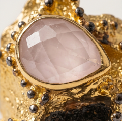 Kuars Taşlı Altın Kaplamalı Tek Tasarım Gümüş Yüzük