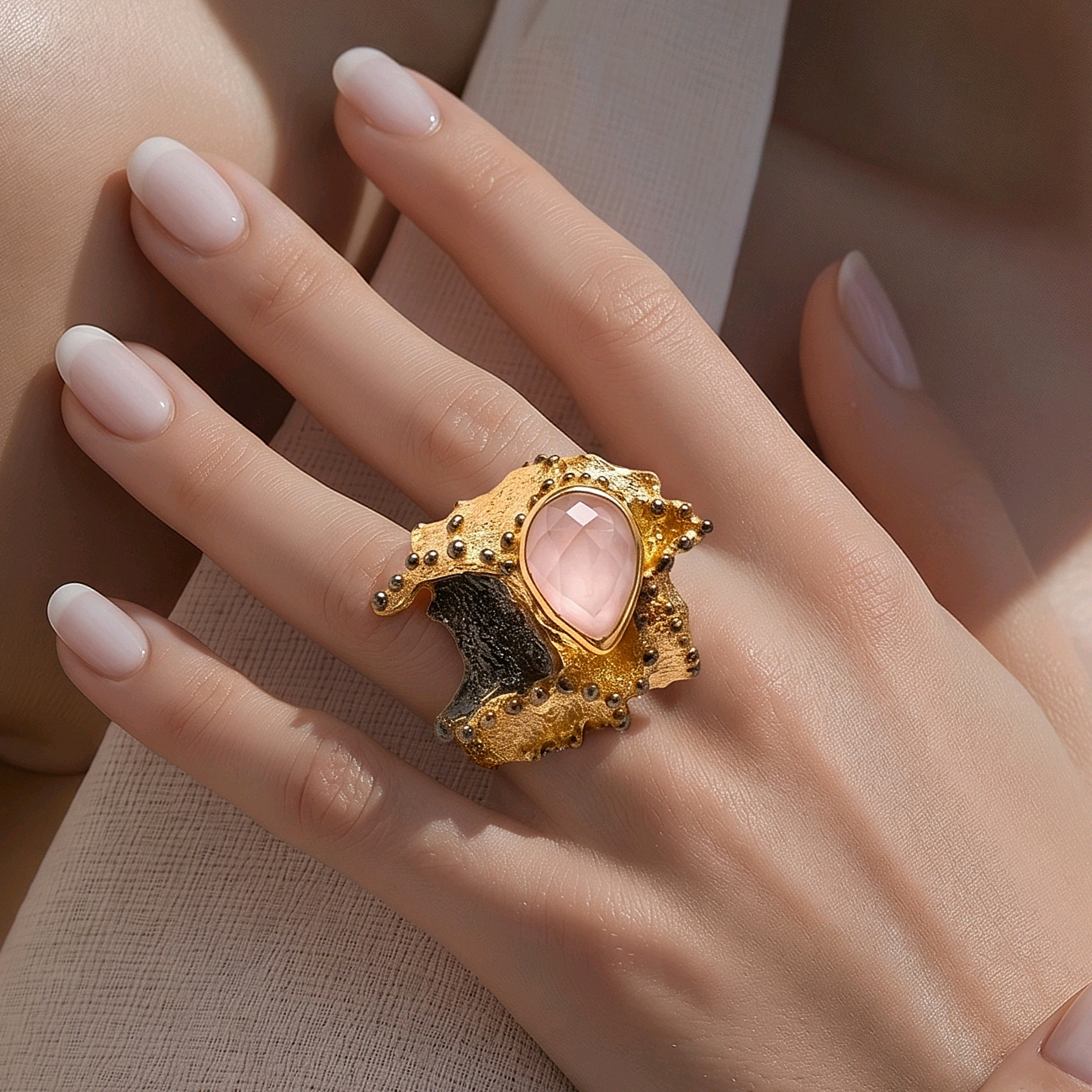 Kuars Taşlı Altın Kaplamalı Tek Tasarım Gümüş Yüzük