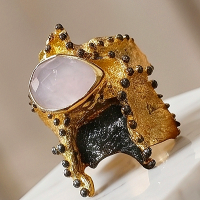 Kuars Taşlı Altın Kaplamalı Tek Tasarım Gümüş Yüzük