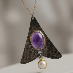 Ametist ve İnci Taşlı Tasarım Gümüş Kolye