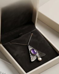 Ametist ve İnci Taşlı Tasarım Gümüş Kolye