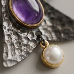 Ametist ve İnci Taşlı Tasarım Gümüş Kolye