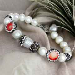 İnci ve Mercan Markiz Taşlı Gümüş Bileklik