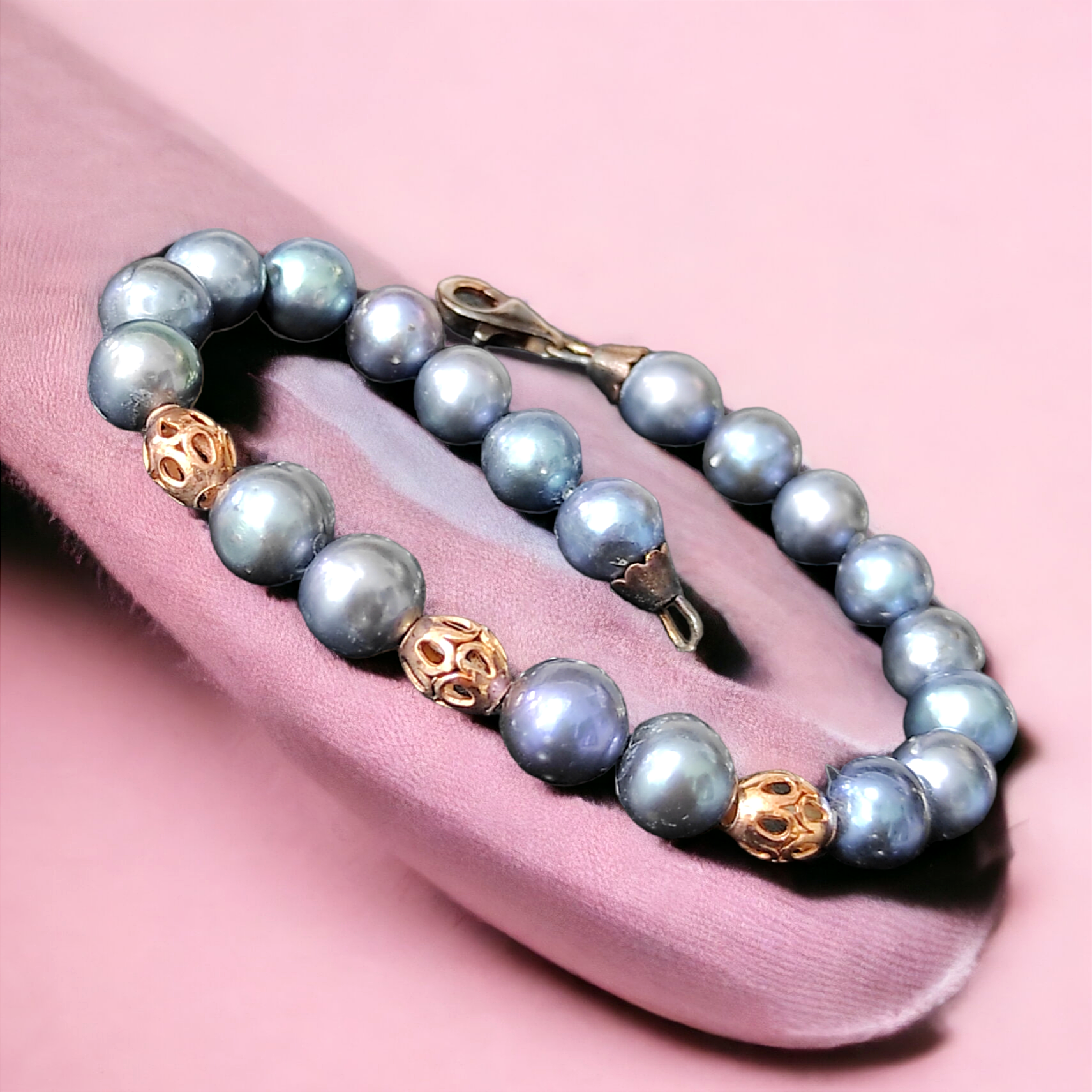 Siyah İnci Rose Gümüş Bileklik