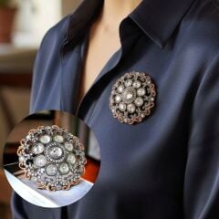 Elmas Monturlu Altın Kaplamalı Gümüş Broş